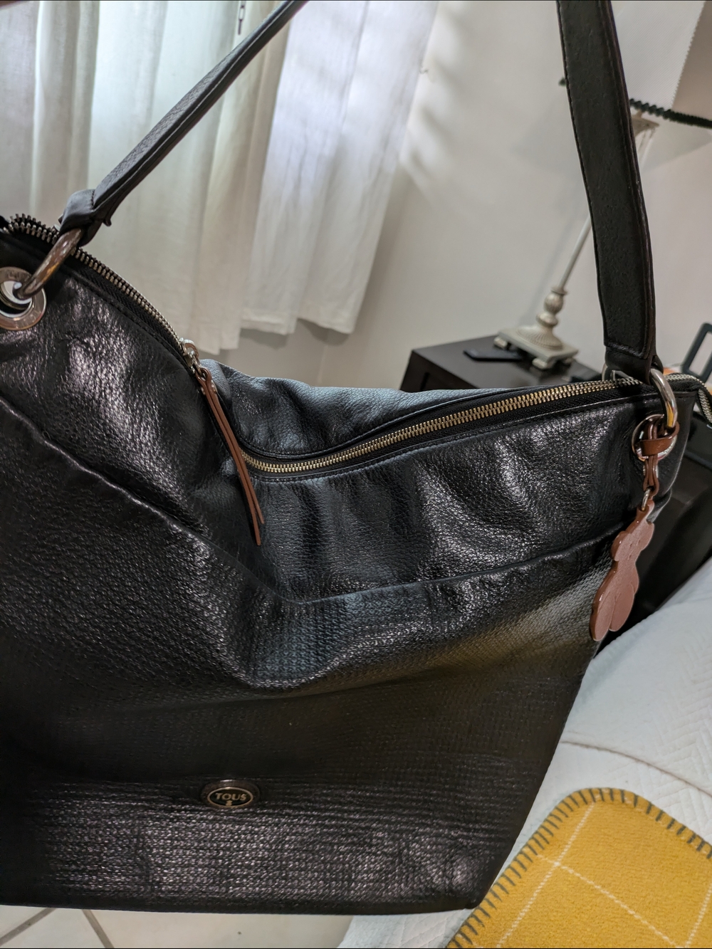 Tous Black Leather Shoulder Bag with Brown Bear Charm & Dark Brown Strap - Picture 8 of 10